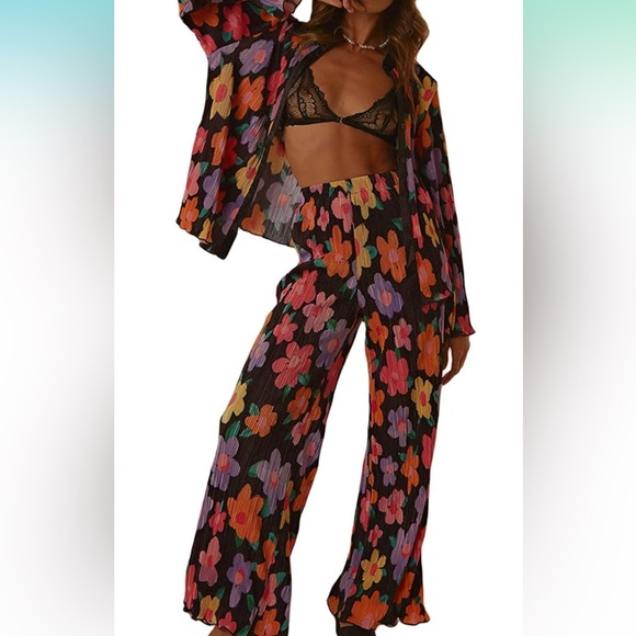 Other - NWOT Set- Pleated Floral Button Down Long Sleeve Shirt with Wide Leg Pants